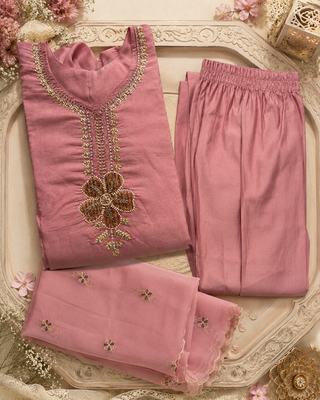 Dusty Rose Pink Zardozi Floral Kurti Set