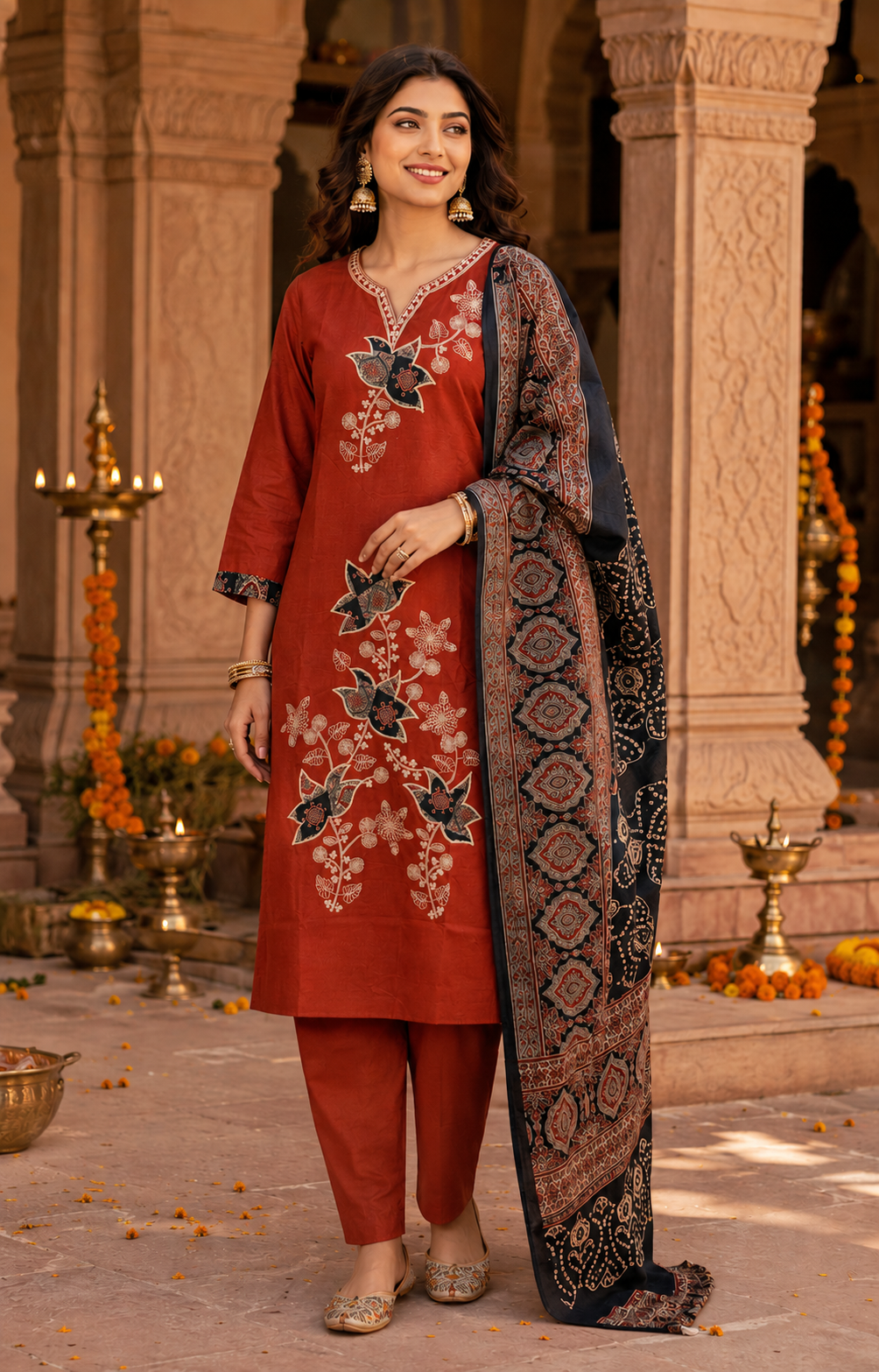 Rust Lotus Embroidered Kurti Set with Ajrakh Dupatta