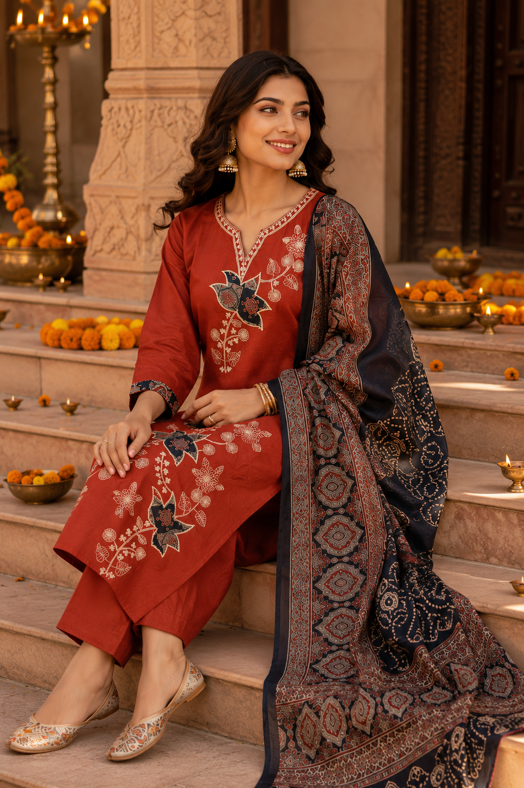 Rust Lotus Embroidered Kurti Set with Ajrakh Dupatta