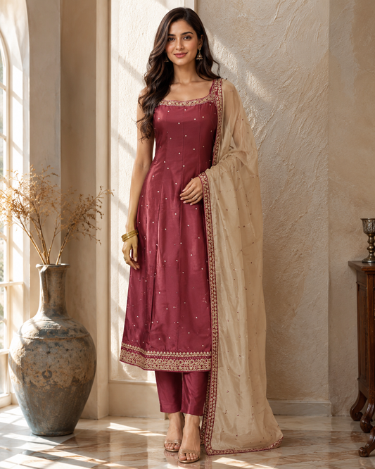 Model standing wearing wine red kurti set with beige dupatta in natural light