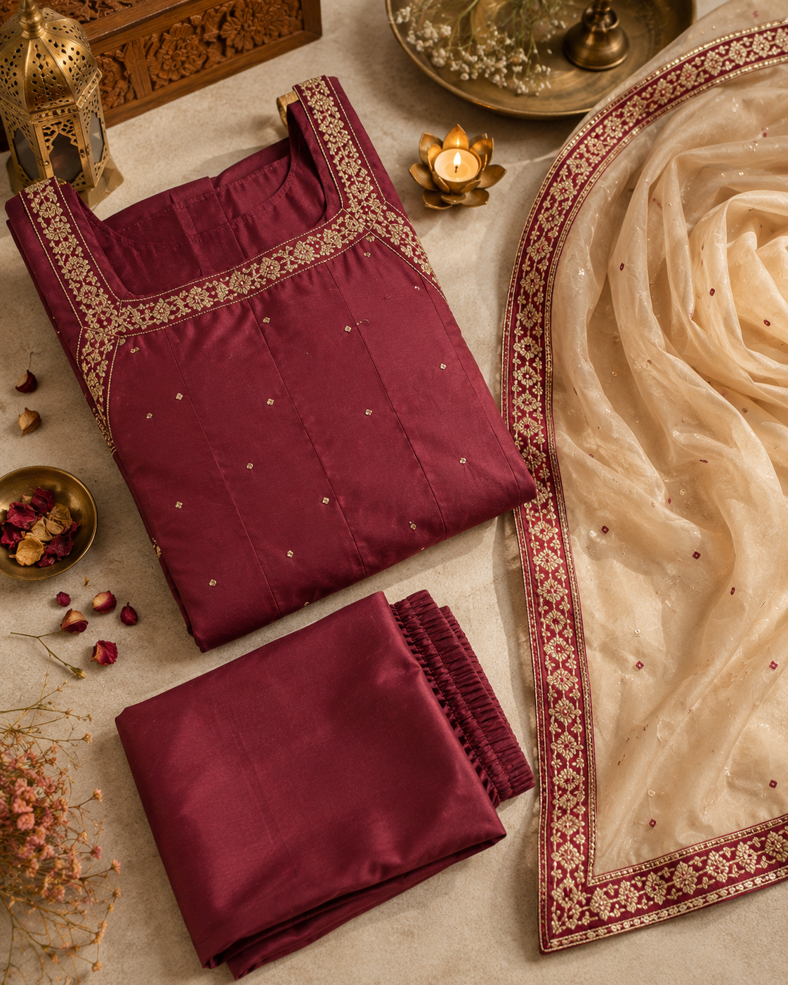 Model seated wearing wine red kurti set with beige dupatta and gold jewellery