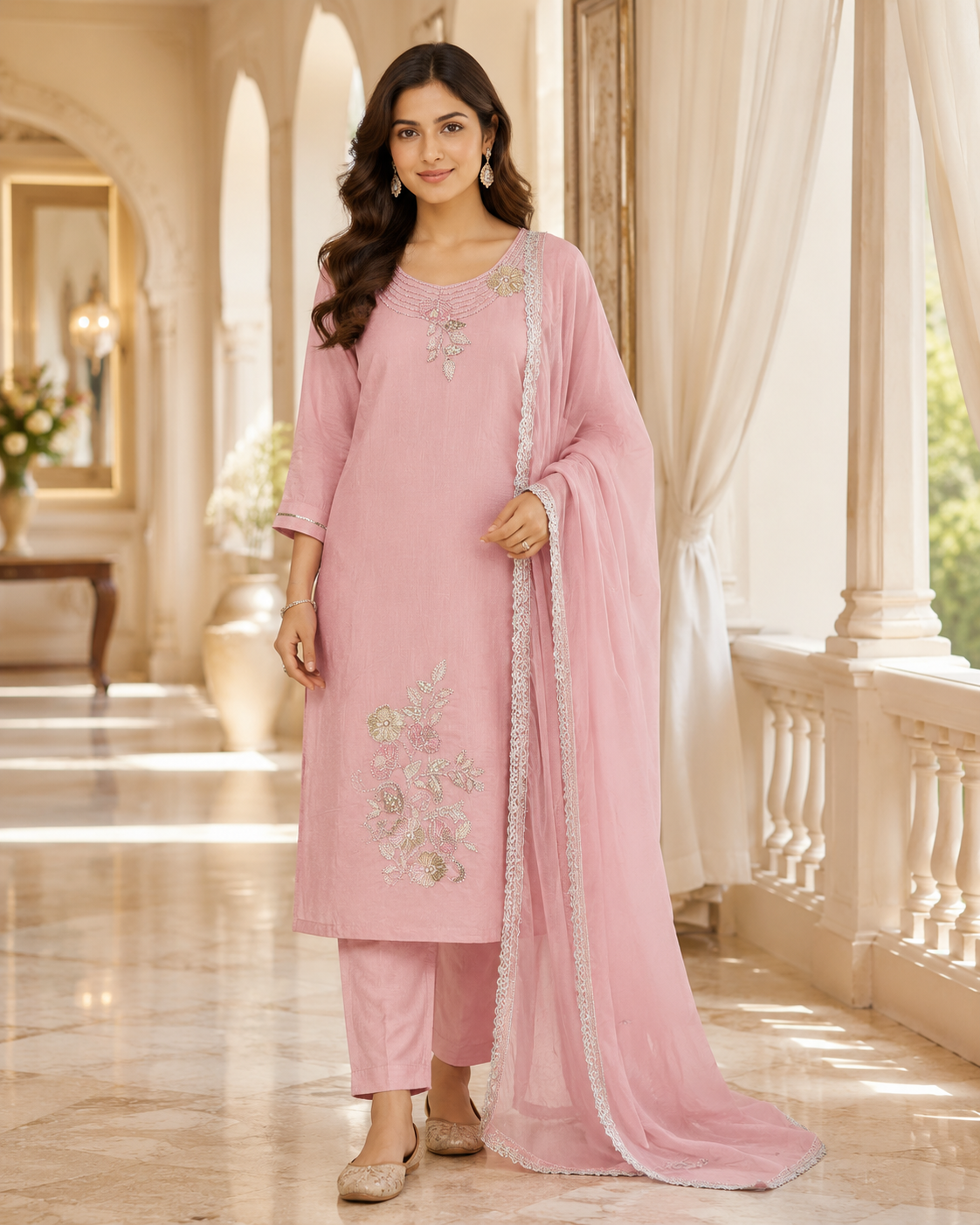Dusty Rose Embroidered Kurti Set - Front View
