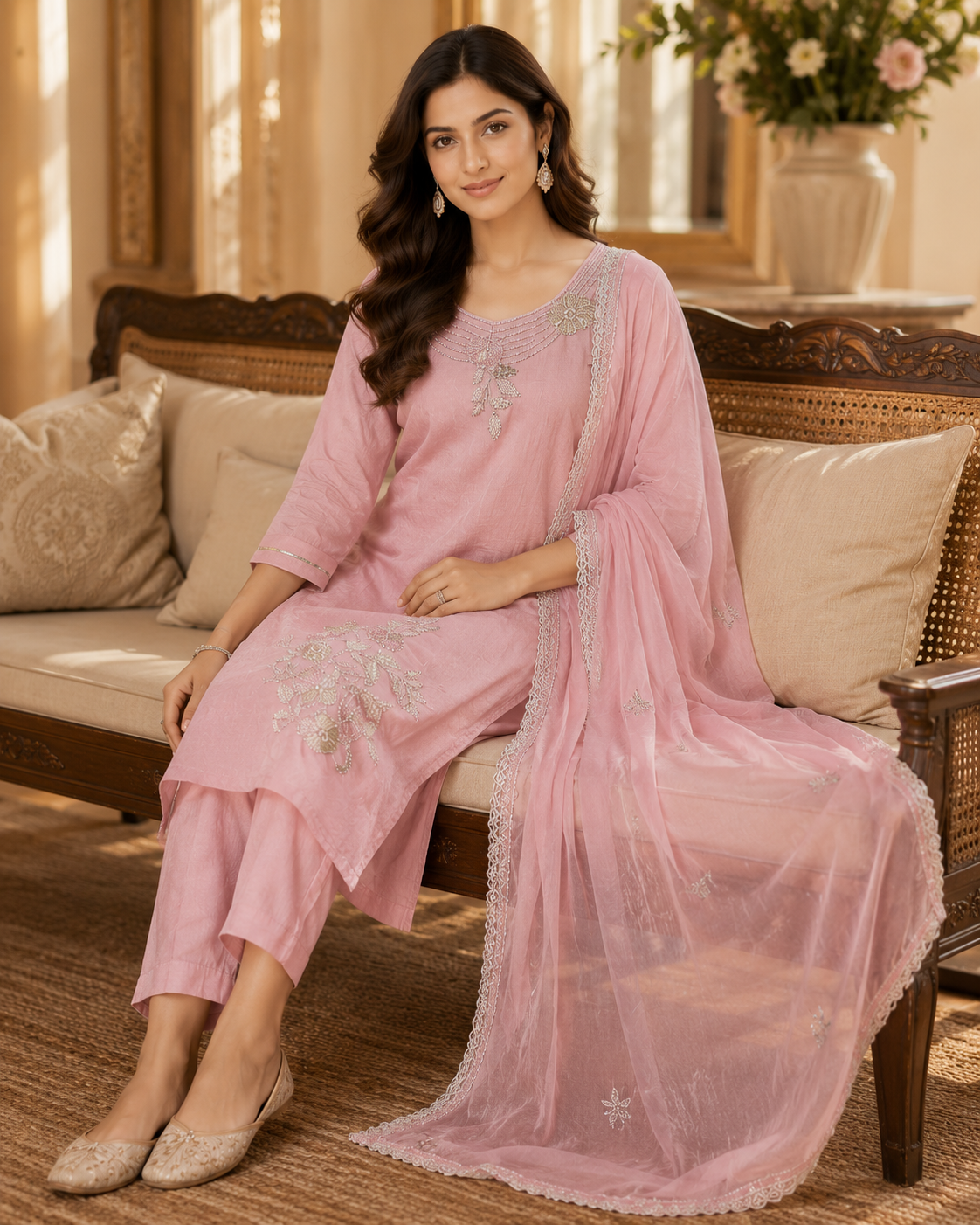 Dusty Rose Embroidered Kurti Set - Seated View