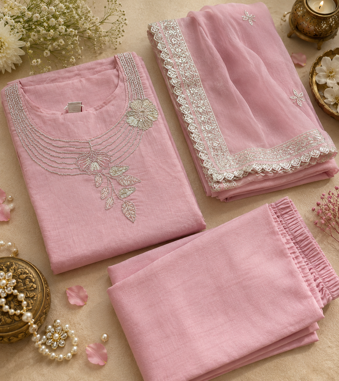 Dusty Rose Embroidered Kurti Set - Flat Lay