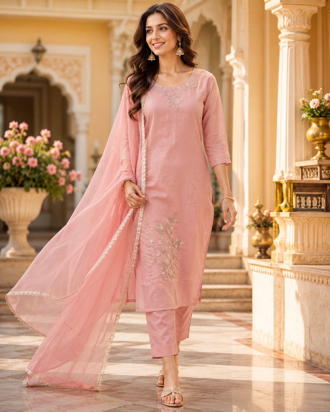 Blush Pink Embroidered Kurti Set with Dupatta