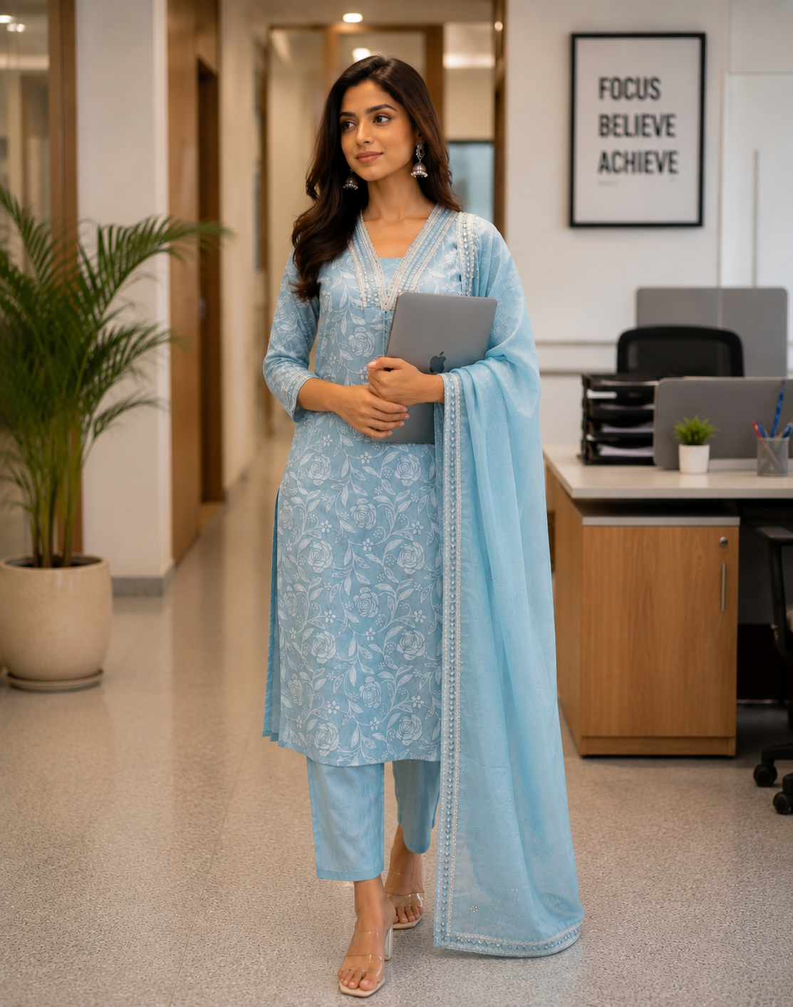 Soft pastel aqua blue Floral Embroidered Kurti Set