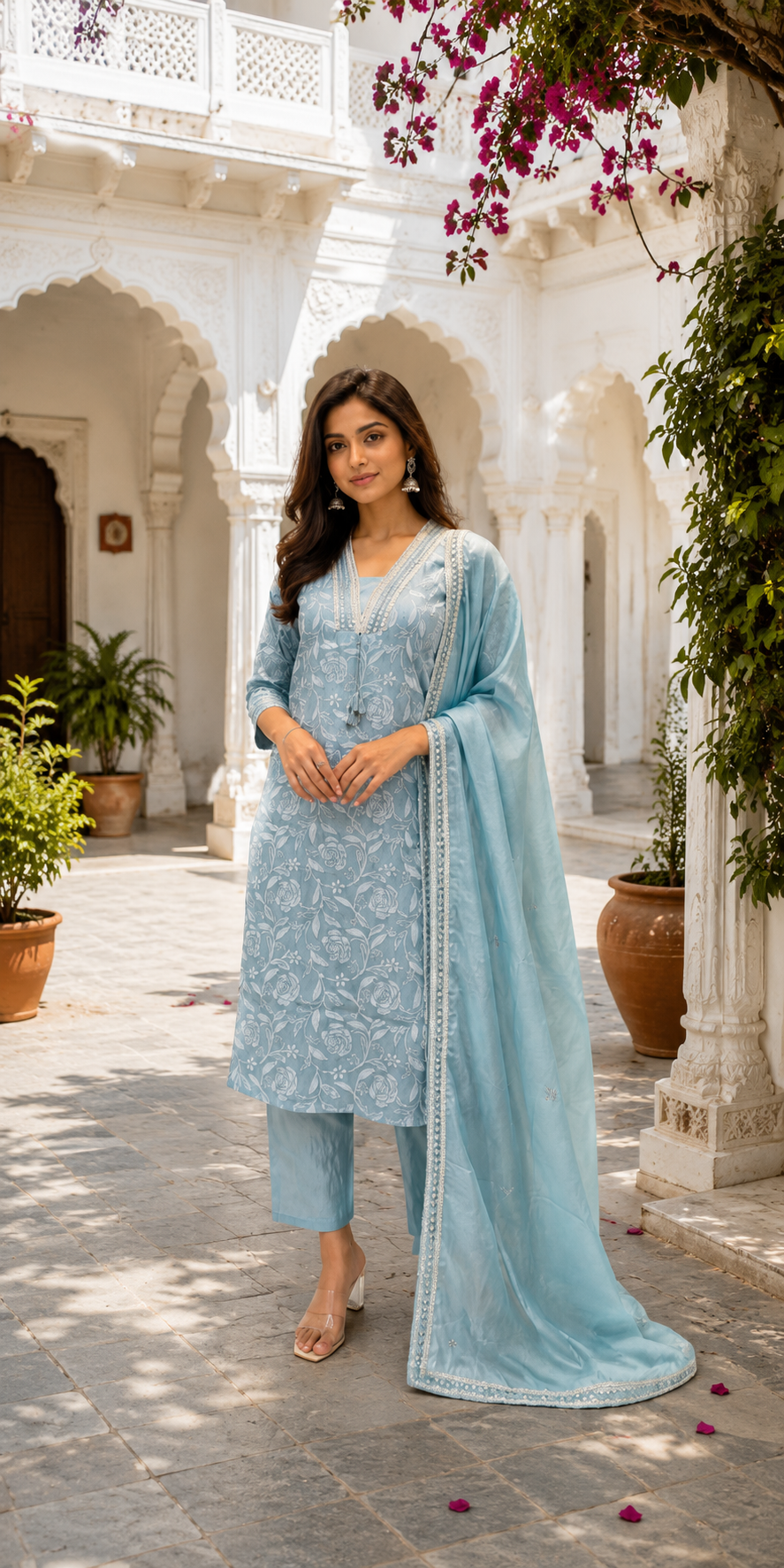 Soft pastel aqua blue Floral Embroidered Kurti Set