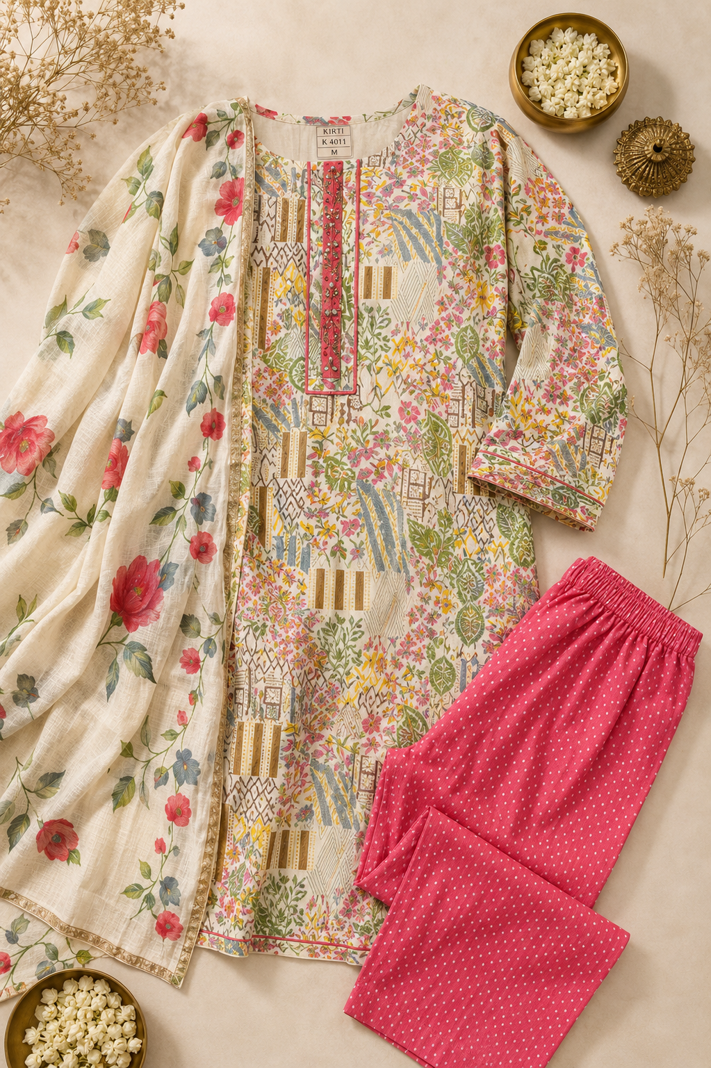 Ivory Multi-Floral Printed Kurti Set with Pink Pants & Floral Dupatta