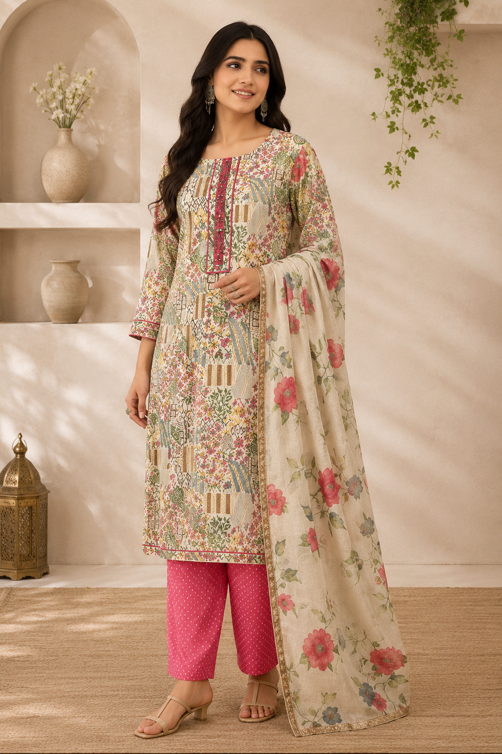 Ivory Multi-Floral Printed Kurti Set with Pink Pants & Floral Dupatta