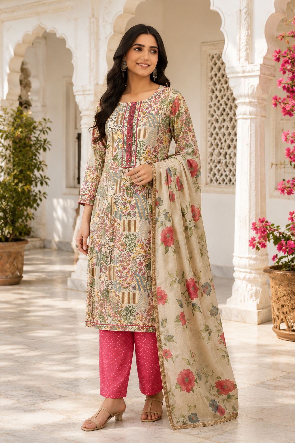 Ivory Multi-Floral Printed Kurti Set with Pink Pants & Floral Dupatta