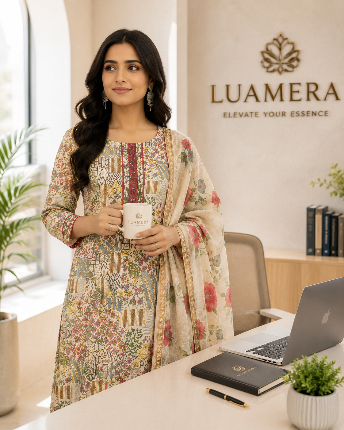 Ivory Multi-Floral Printed Kurti Set with Pink Pants & Floral Dupatta
