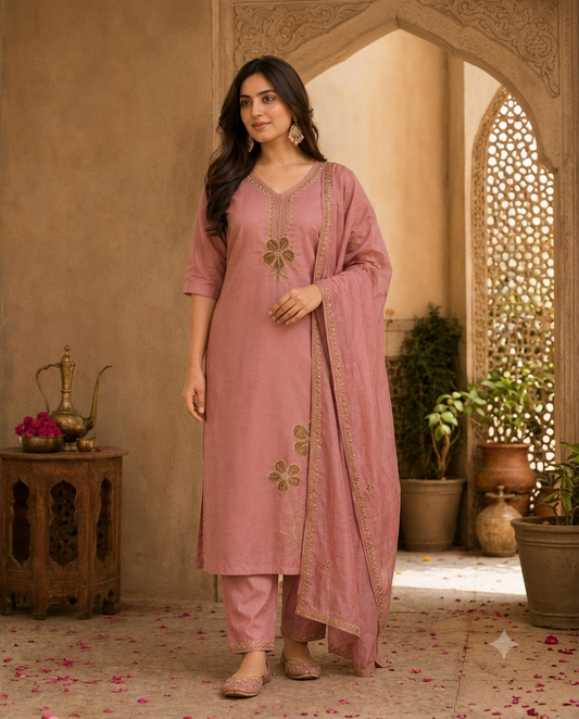 Dusty Rose Pink Zardozi Floral Kurti Set