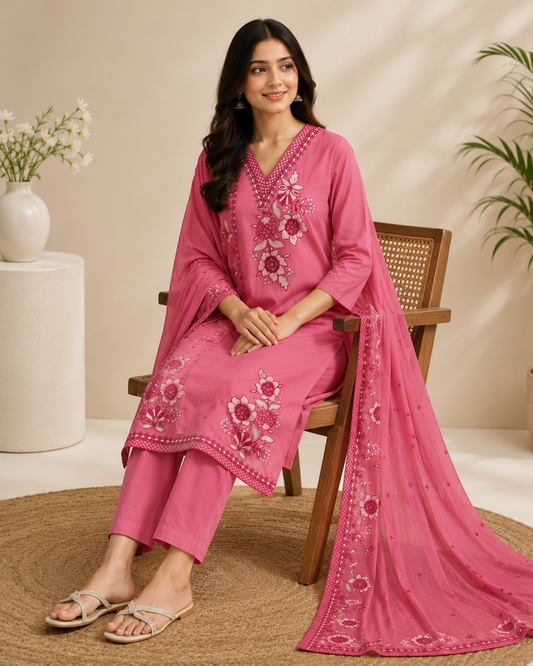 Peach Pink Floral Embroidered Kurti Set