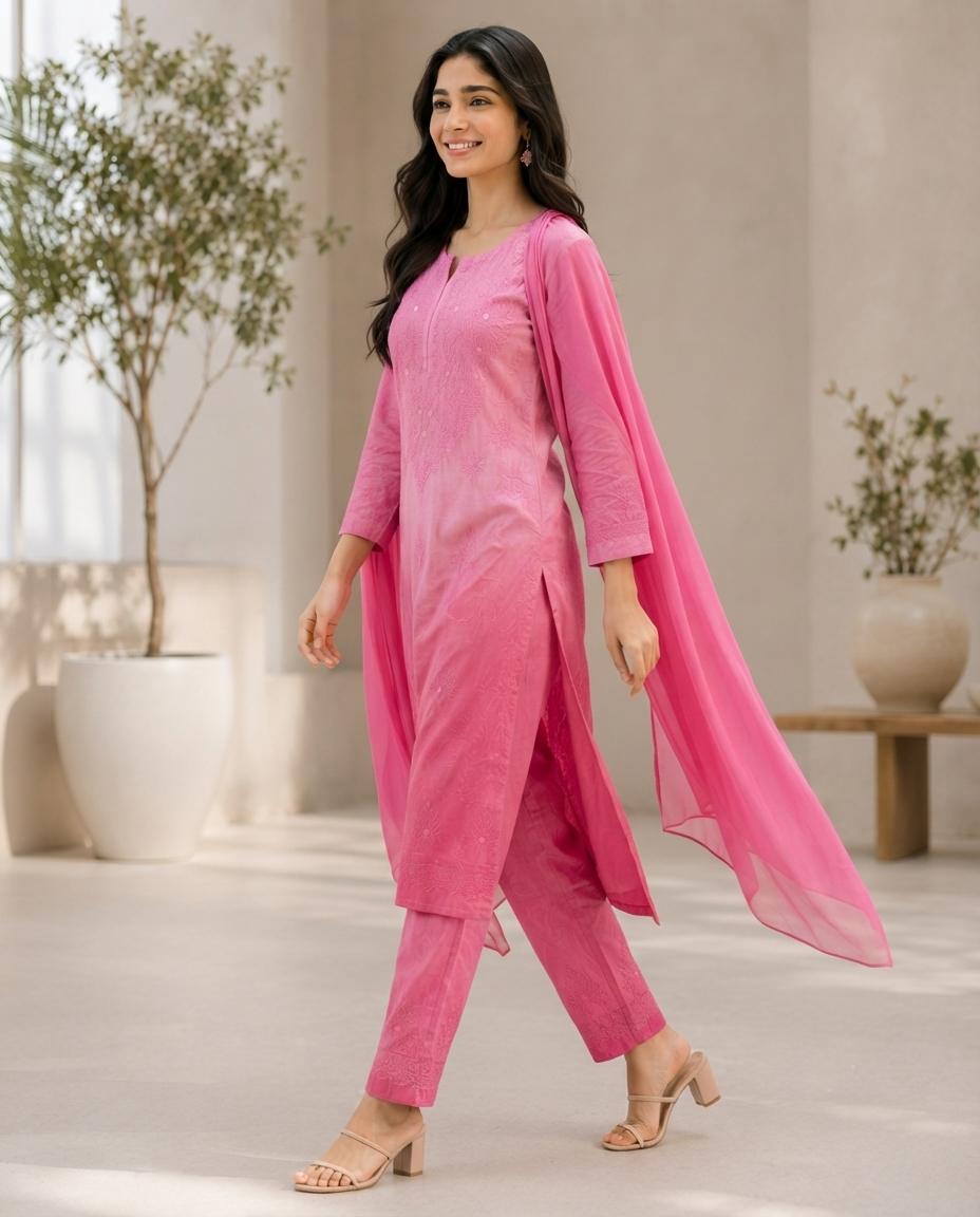 Hot Pink Chikankari Kurti Set – Tonal Floral Embroidery