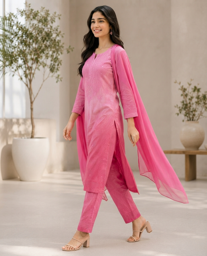 Hot Pink Chikankari Kurti Set – Tonal Floral Embroidery