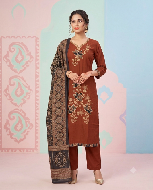 Rust Lotus Embroidered Kurti Set with Ajrakh Dupatta
