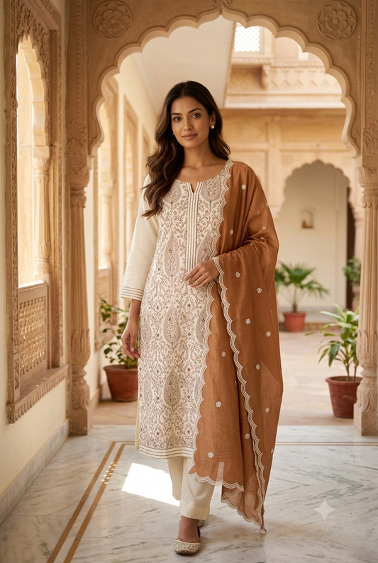 Ivory & Caramel Block Print Kurta Set with Dupatta