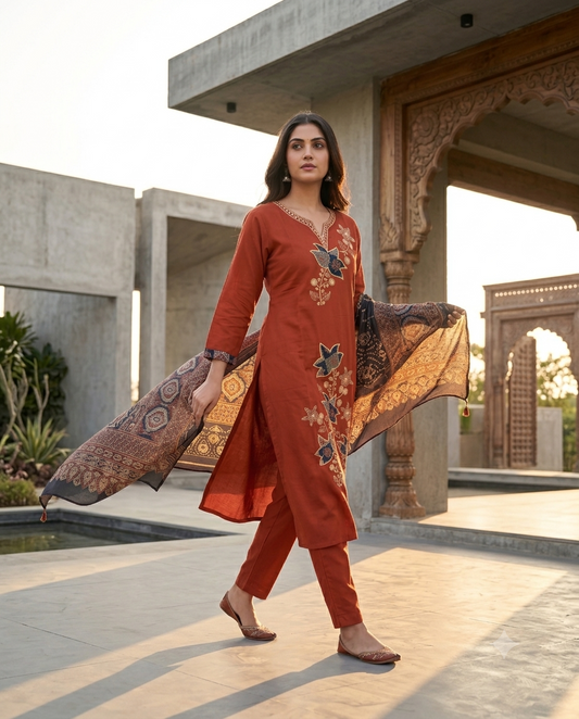 Rust Lotus Embroidered Kurti Set with Ajrakh Dupatta