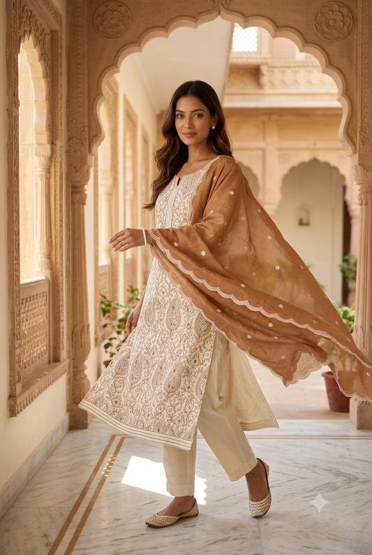 Ivory & Caramel Block Print Kurta Set with Dupatta