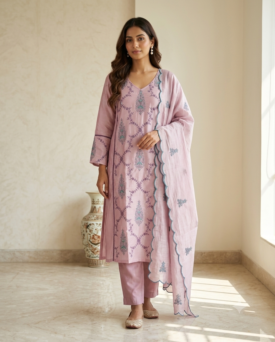 Dusty Rose Embroidered Kurti Set with Net Dupatta