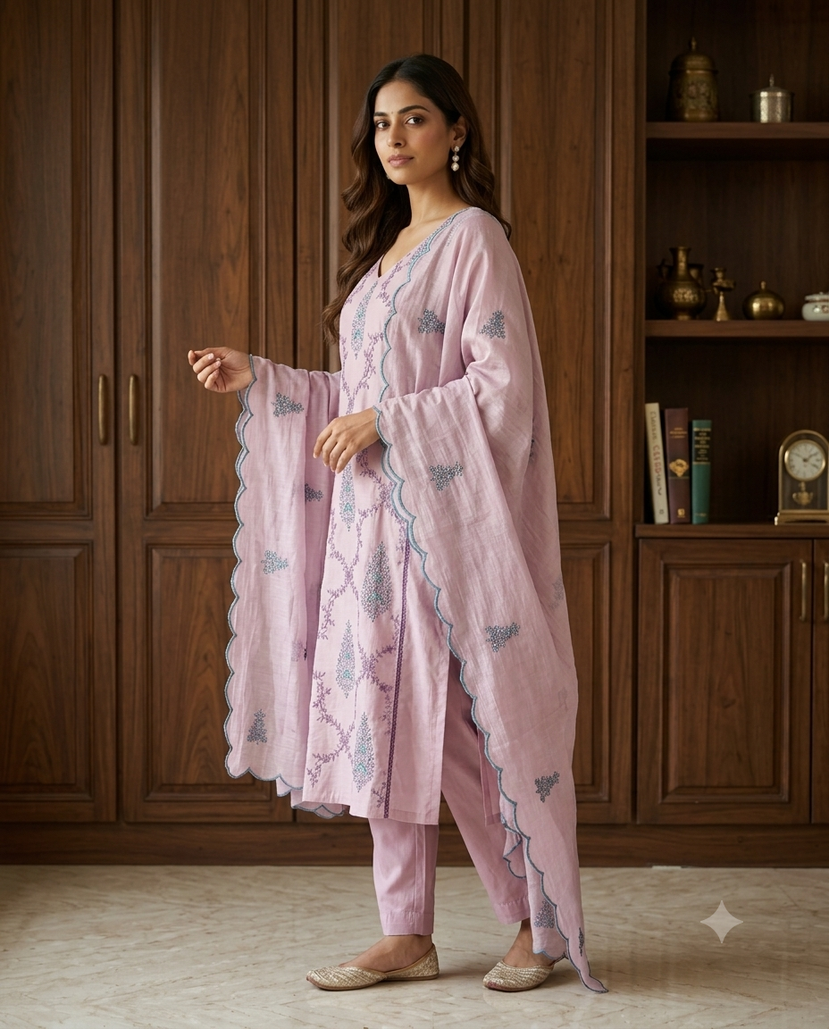 Dusty Rose Embroidered Kurti Set with Net Dupatta