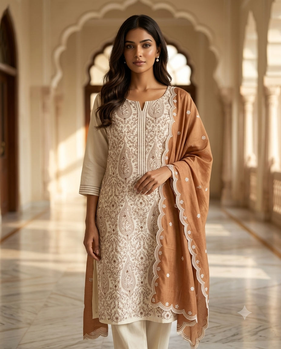 Ivory & Caramel Block Print Kurta Set with Dupatta