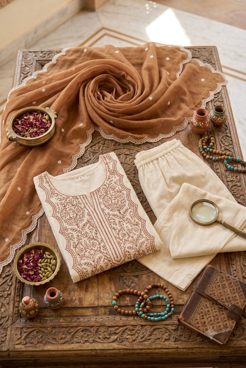 Ivory & Caramel Block Print Kurta Set with Dupatta