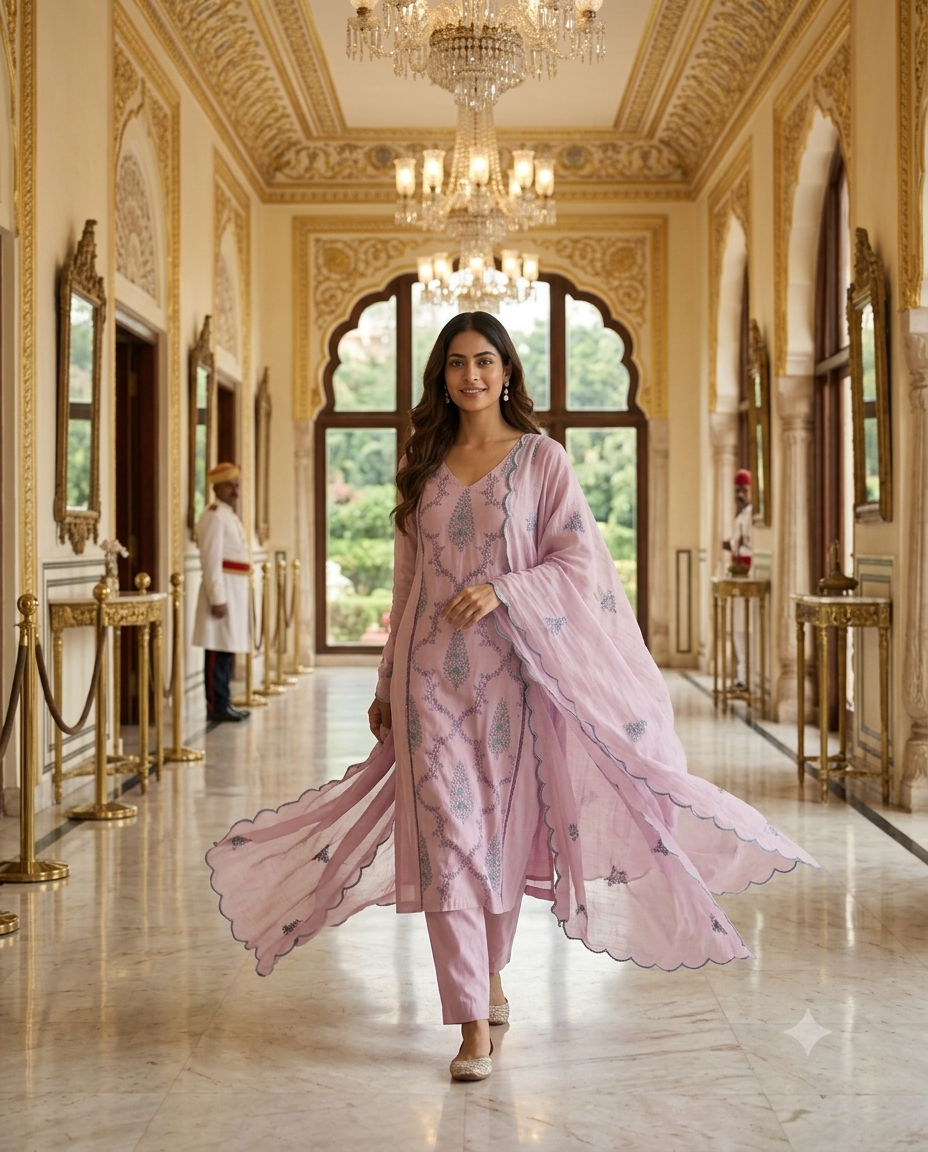 Dusty Rose Embroidered Kurti Set with Net Dupatta