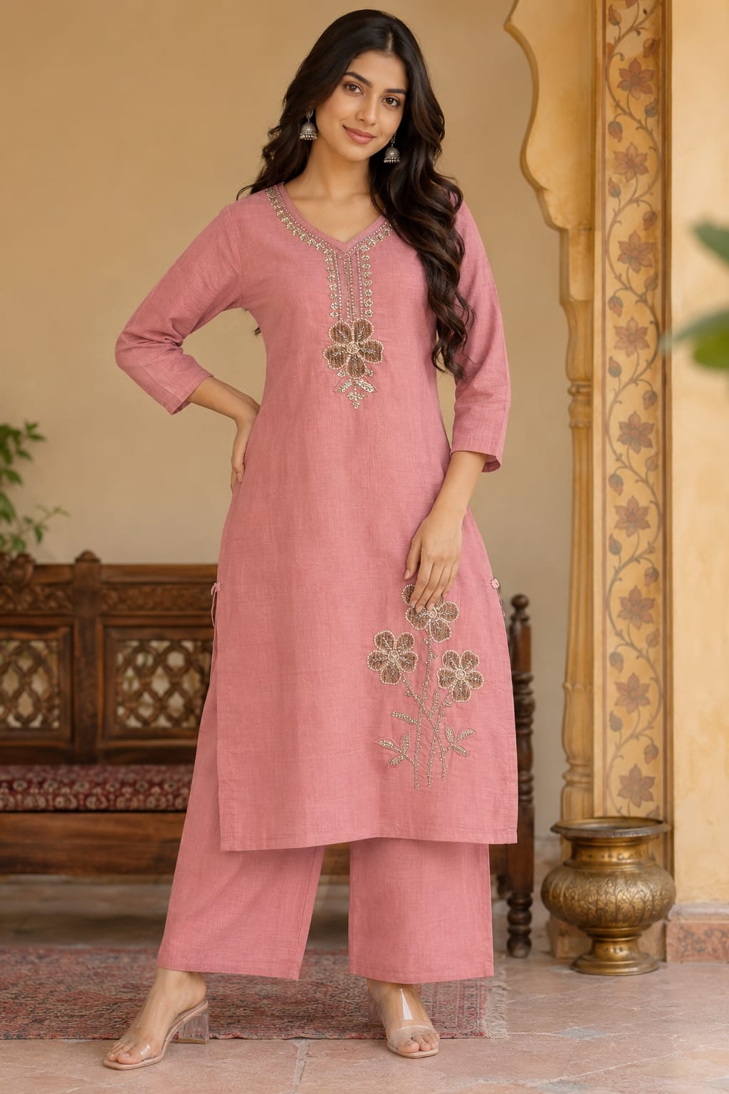 Dusty Rose Pink Zardozi Floral Kurti Set