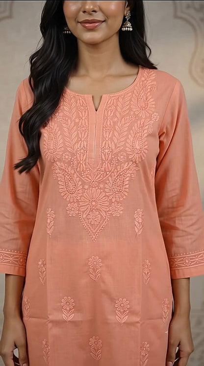 Coral Chikankari Kurta Set – Floral Thread Embroidery