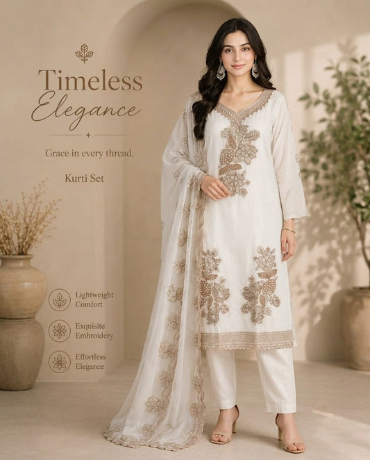 White Gold Zari Kurti Set – Heavy Zari Embroidery