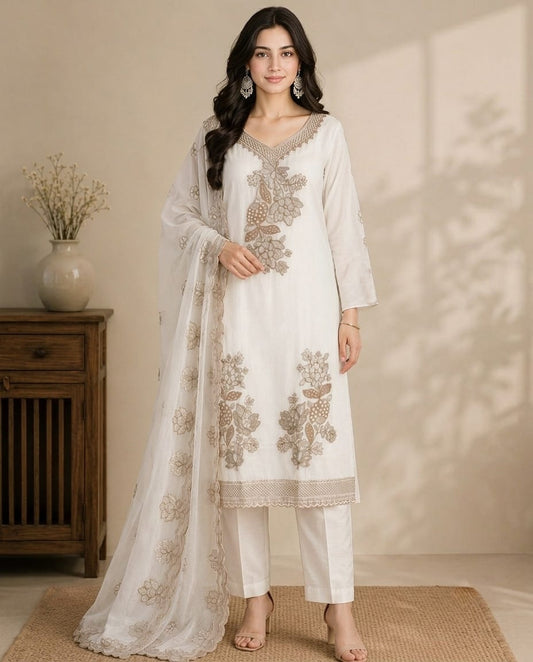 White Gold Zari Kurti Set – Heavy Zari Embroidery