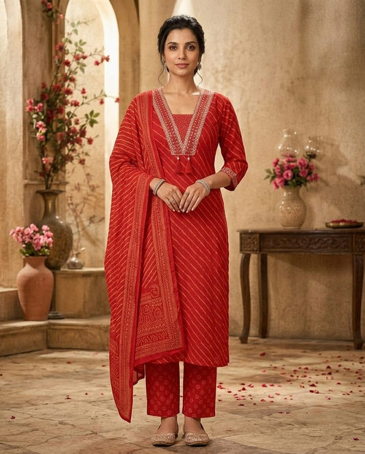 Poppy Rust Cotton Leheriya Palazzo Kurti Set with Dupatta | Kasvi 3-Piece