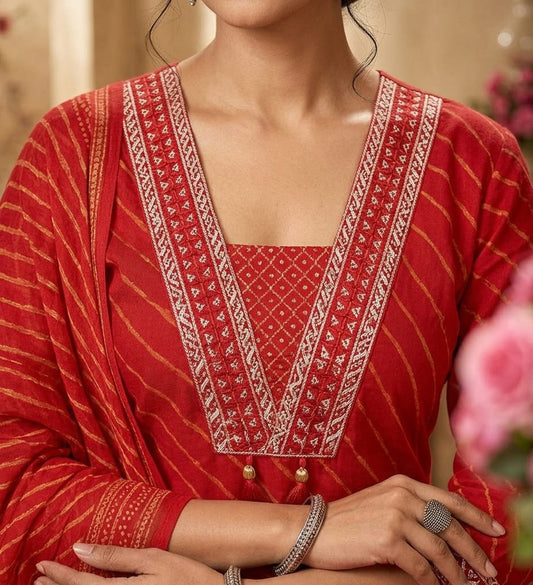 Poppy Rust Cotton Leheriya Palazzo Kurti Set with Dupatta | Kasvi 3-Piece