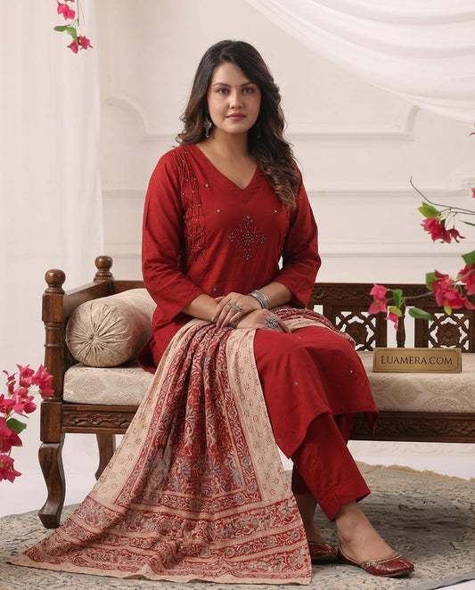 Cotton A-Line Kurti Set with Printed Dupatta | Mirror Work 3-Piece (Copy)