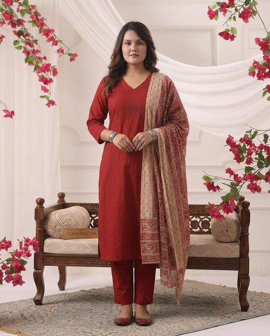 Cotton A-Line Kurti Set with Printed Dupatta | Mirror Work 3-Piece (Copy)