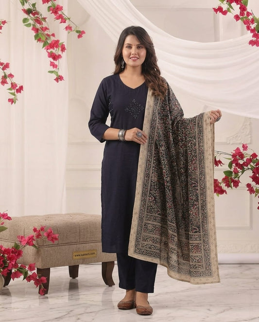 Cotton A-Line Kurti Set with Printed Dupatta | Mirror Work 3-Piece
