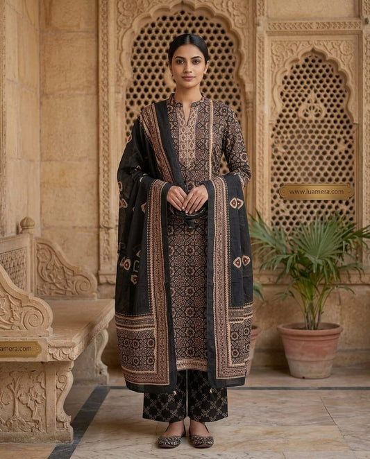 Black Ajrakh Print Anarkali Kurti Set with Dupatta | Premium Cotton 3-Piece