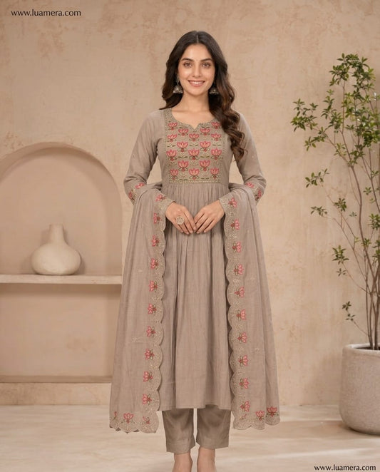 Mouse Grey Mul Chanderi Anarkali Kurti Set with Dupatta | Floral Embroidery