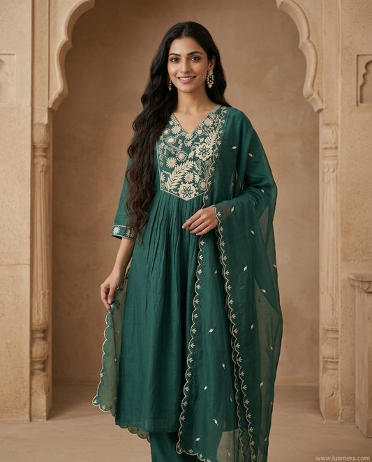 Rama Green Mul Chanderi Anarkali Kurti Set with Dupatta | Floral Embroidery | Mast