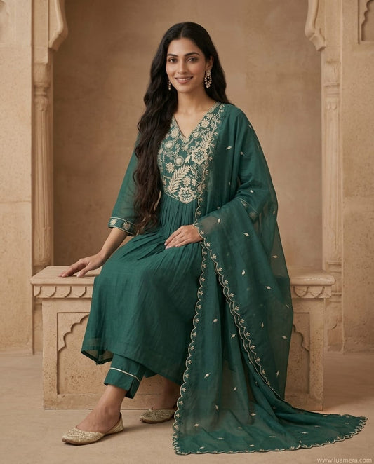 Rama Green Mul Chanderi Anarkali Kurti Set with Dupatta | Floral Embroidery | Mast