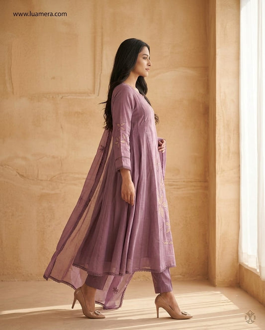 Purple Mul Chanderi A-Line Kurti Set with Dupatta | Floral Embroidery