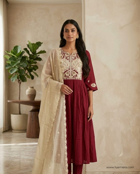 Maroon Mul Chanderi Anarkali Kurti Set with Cream Dupatta | Kari Embroidery