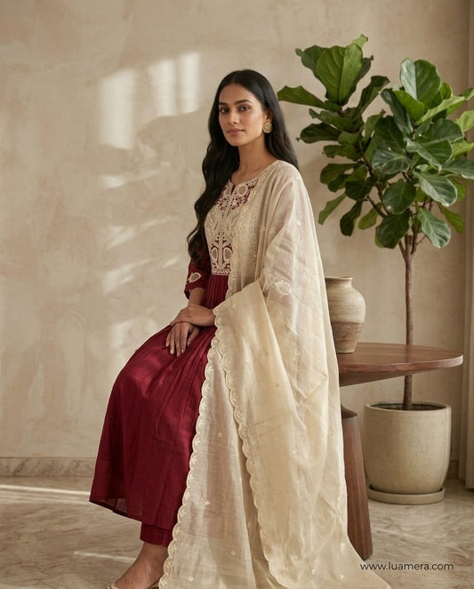 Maroon Mul Chanderi Anarkali Kurti Set with Cream Dupatta | Kari Embroidery
