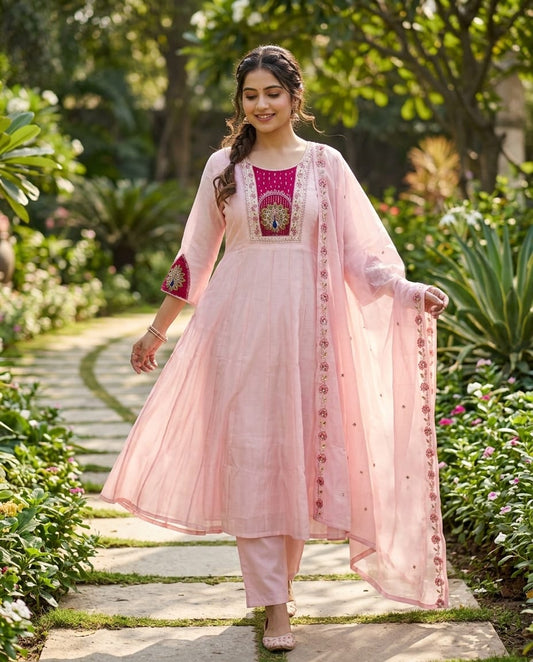 Pink Mul Chanderi Anarkali Kurti Set with Dupatta | Medallion Embroidery