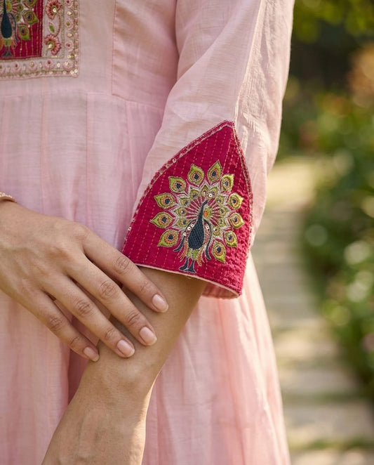 Pink Mul Chanderi Anarkali Kurti Set with Dupatta | Medallion Embroidery