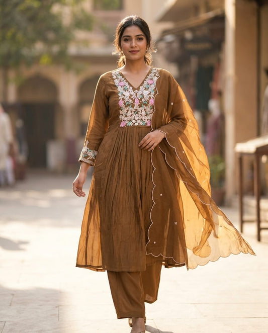 Copper Embroidered Anarkali Kurti Set with Dupatta