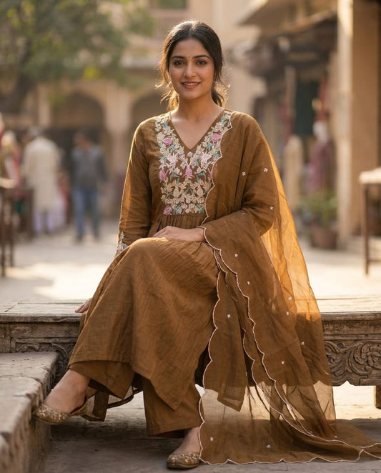Copper Embroidered Anarkali Kurti Set with Dupatta