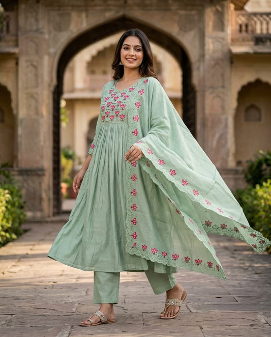 Pista Green Mul Chanderi Anarkali Kurti Set with Dupatta | Lotus Embroidery