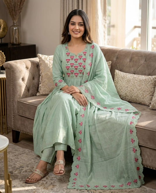 Pista Green Mul Chanderi Anarkali Kurti Set with Dupatta | Lotus Embroidery